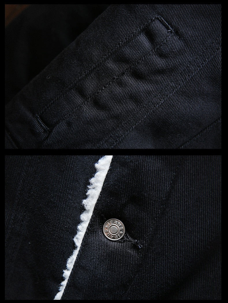 Cozy men's retro denim jacket, warm fleece lining provides comfort & style for chilly casual days.