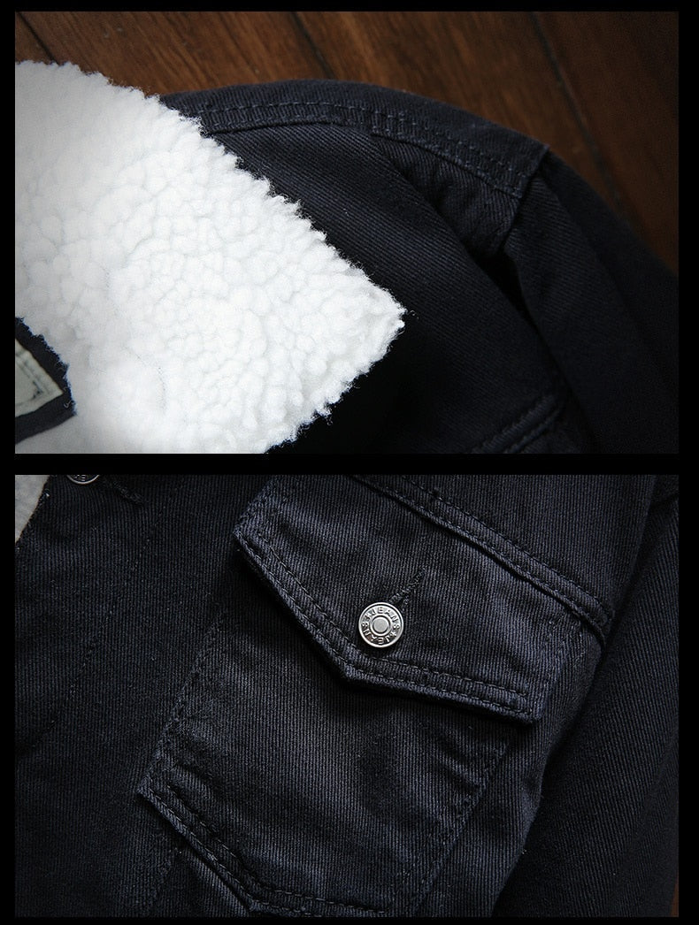 Versatile men's retro denim jacket, fleece-lined for warmth. Perfect casual fashion outerwear for fall & winter.