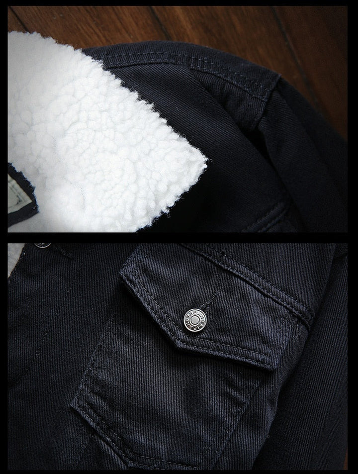 Versatile men's retro denim jacket, fleece-lined for warmth. Perfect casual fashion outerwear for fall & winter.