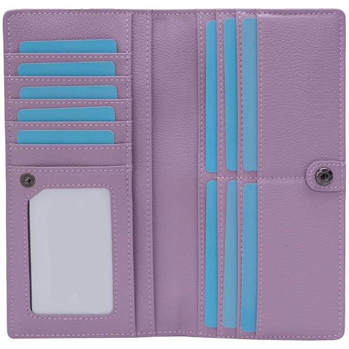 Open view of a men's RFID blocking card holder wallet, showcasing internal card organization.