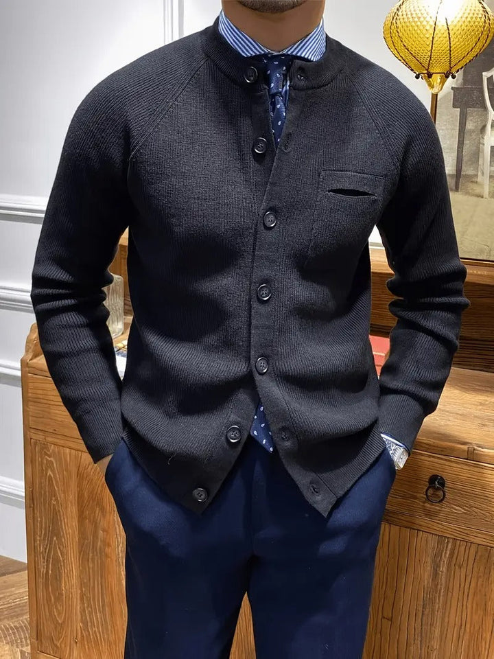 Men's ribbed button-front cardigan sweater, versatile for smart casual or everyday layering.