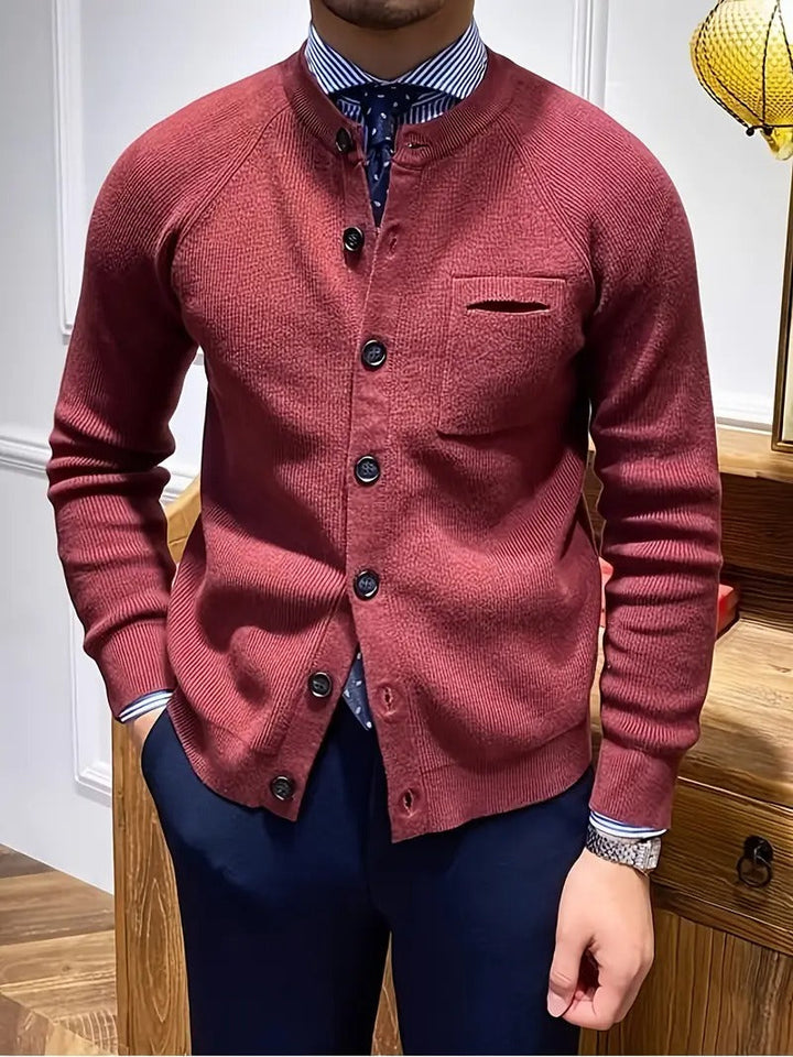 Casual men's long sleeve ribbed cardigan, button-front design for versatile everyday menswear style.