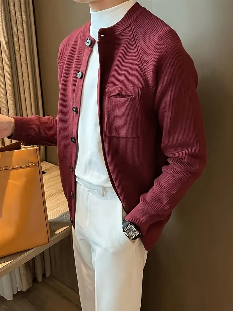 Stylish men's ribbed cardigan sweater. A versatile, casual button-front layer for everyday wear.