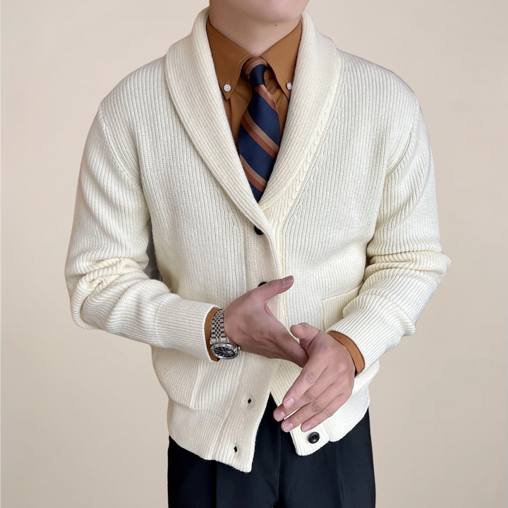 Men's ribbed cardigan with a stylish shawl collar and button-up front, perfect for smart-casual fall fashion.