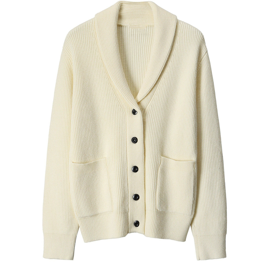 Textured men's ribbed knit cardigan, button-up with shawl collar. Ideal for layering & everyday winter comfort.
