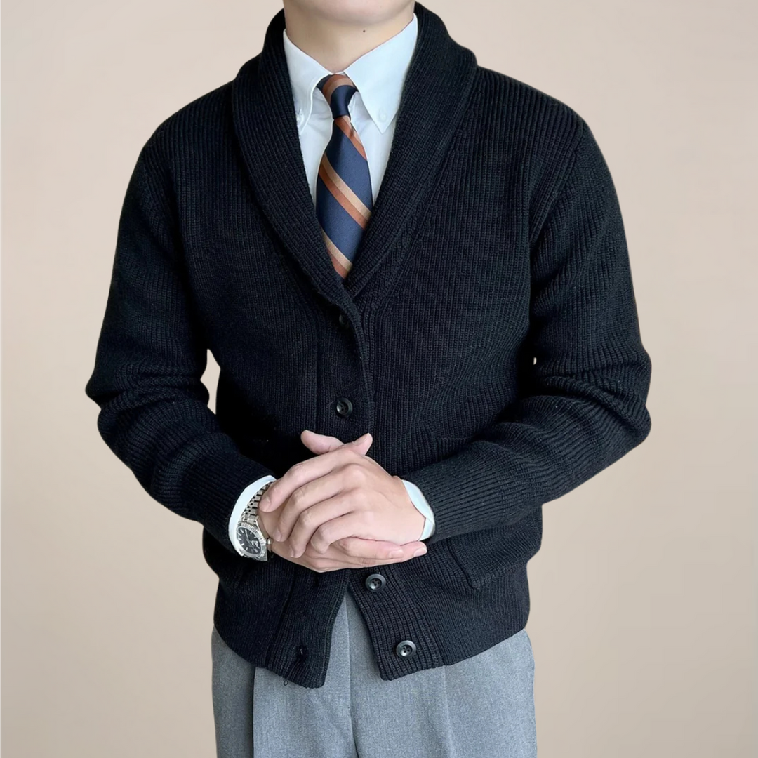 Relaxed fit men's ribbed cardigan with a sophisticated shawl collar, suitable for versatile smart-casual styling.