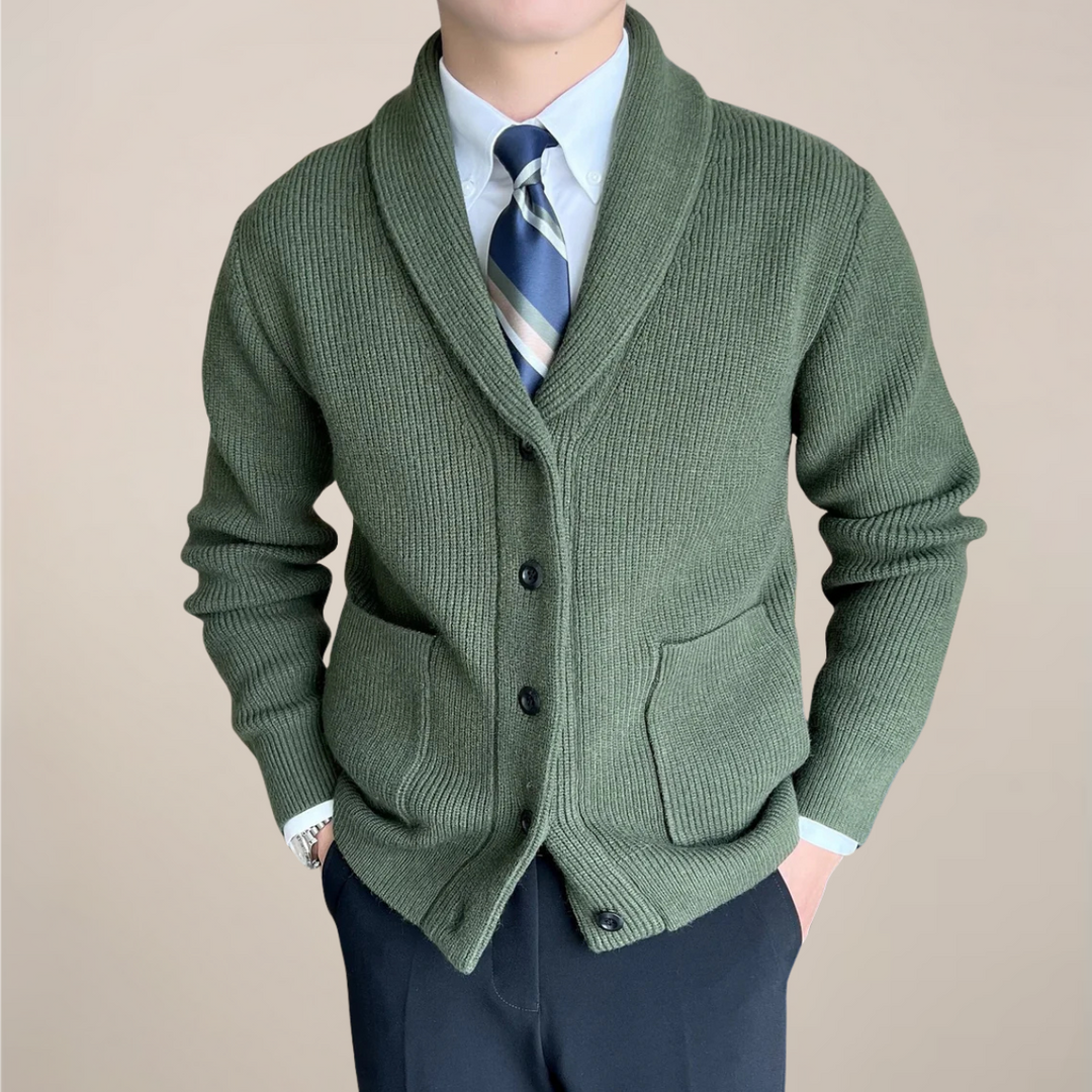 Elegant men's button-up ribbed cardigan, featuring a warm shawl collar. A stylish piece for fall and winter layering.