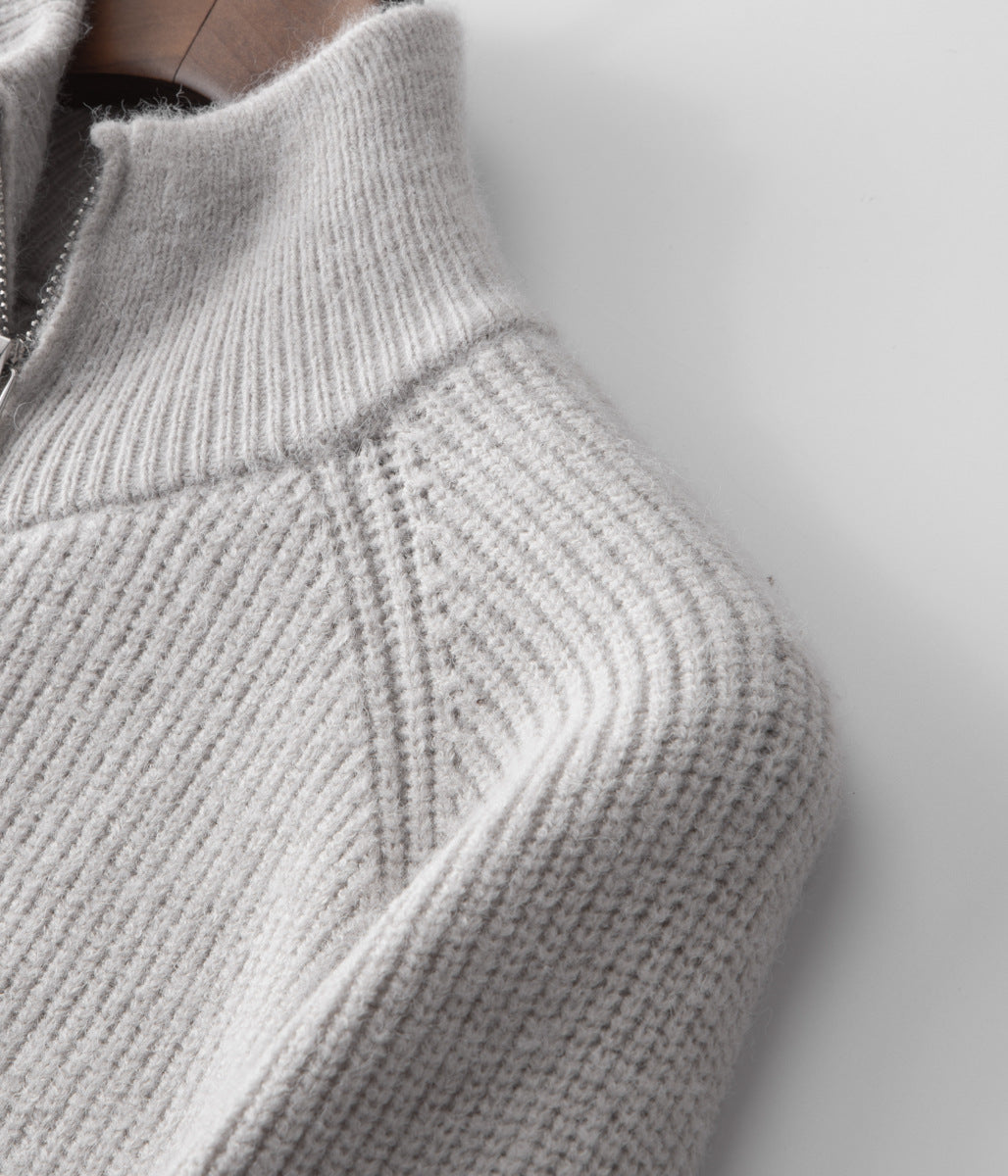 Trendy men's fashion ribbed funnel neck zip cardigan, a key layering piece for modern style.