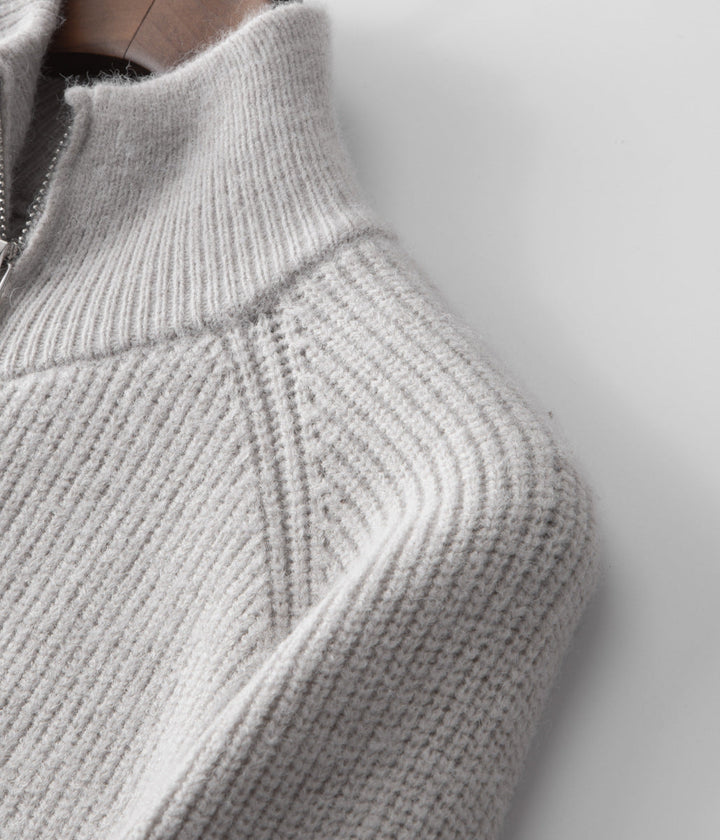 Trendy men's fashion ribbed funnel neck zip cardigan, a key layering piece for modern style.