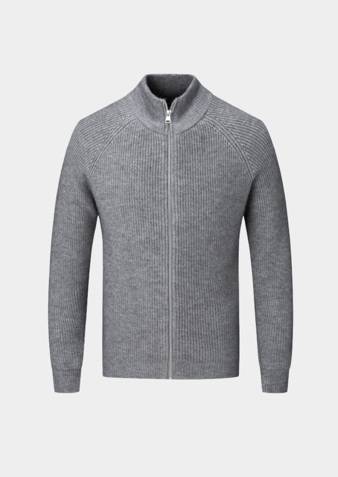 Comfortable men's ribbed funnel neck zip cardigan for casual wear and relaxed style.