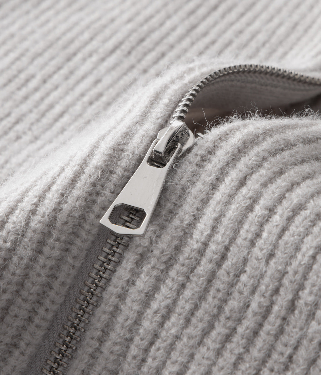 Men's all-season ribbed funnel neck zip cardigan, an essential layering piece for men's fashion.