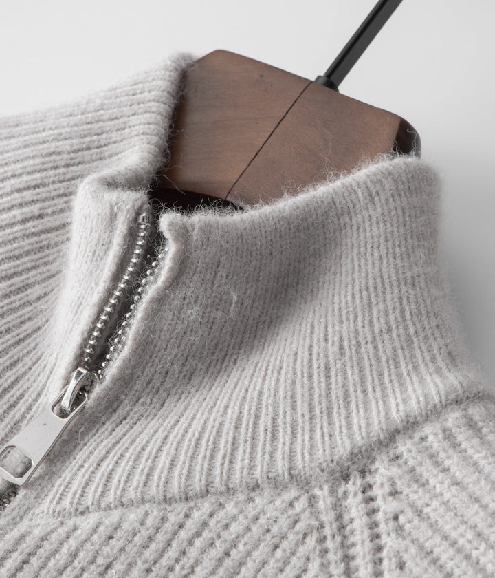 Front view of a men's ribbed funnel neck zip cardigan, a versatile long sleeve jacket for all occasions.