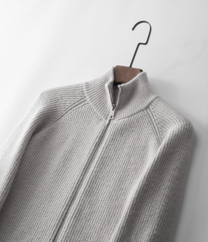 Side view of a stylish men's ribbed funnel neck zip cardigan, offering a comfortable fit.
