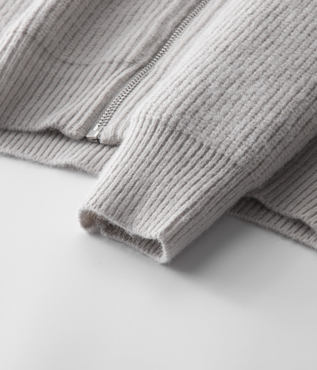 Men's versatile zip-up ribbed sweater, smart casual style with funnel neck.