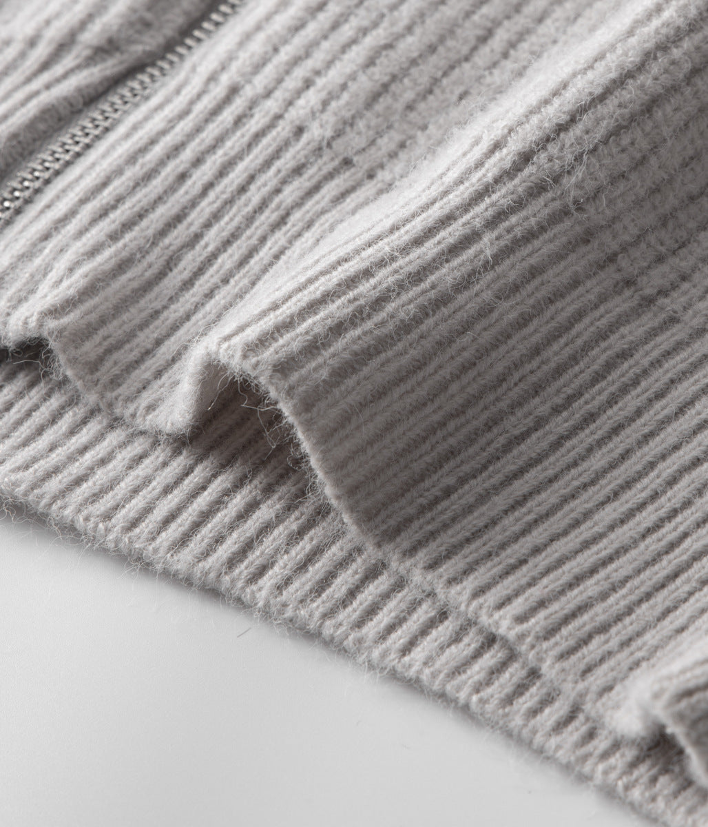 Ribbed knit men's funnel neck sweater, full zip-through for modern layering.