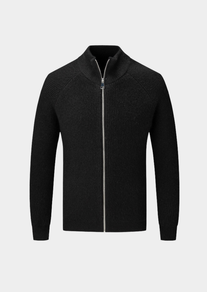 Essential men's funnel neck zip-up sweater, ribbed knit for comfort and style.