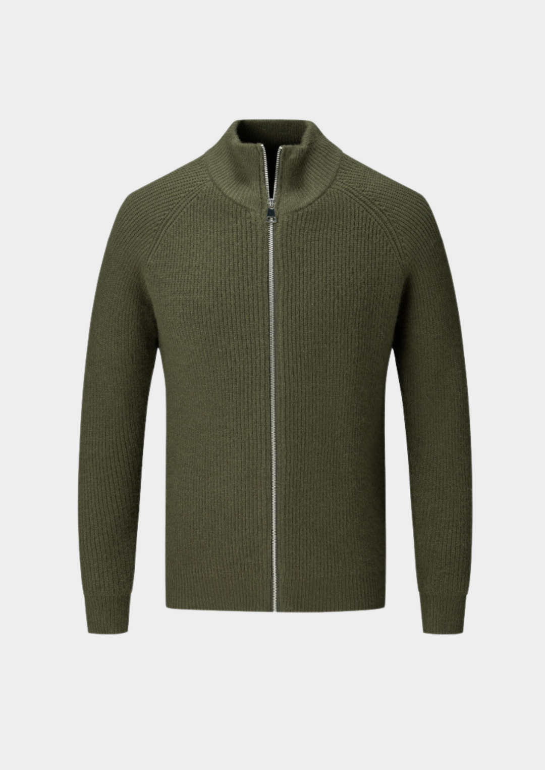 Modern men's ribbed funnel neck zip-through sweater, a versatile layering piece.