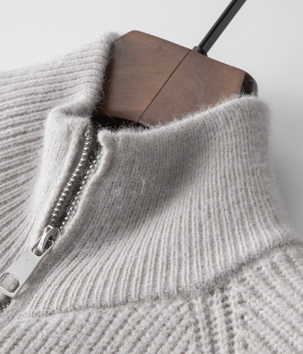 All-season men's layering sweater: ribbed knit, funnel neck, full zip-through.