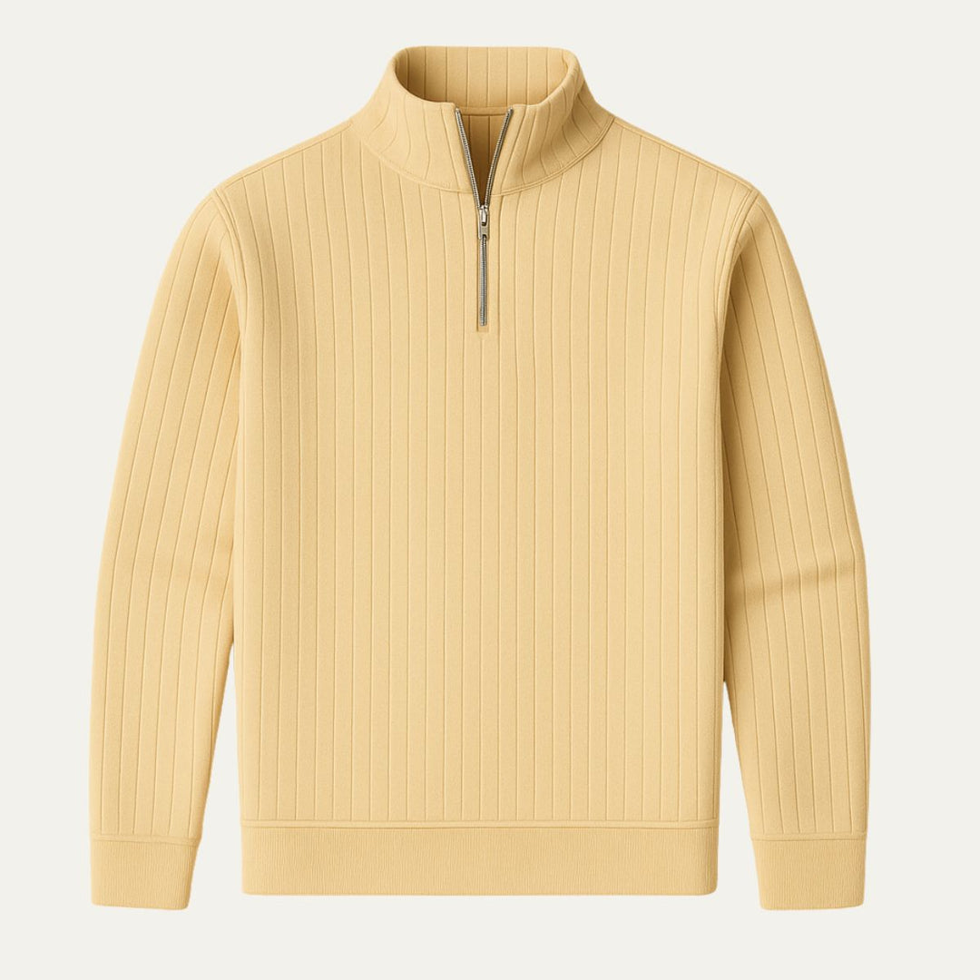 Men's ribbed knit half-zip sweater with a cozy stand collar. Ideal for casual winter fashion.