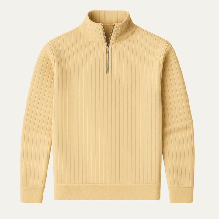 Men's ribbed knit half-zip sweater with a cozy stand collar. Ideal for casual winter fashion.