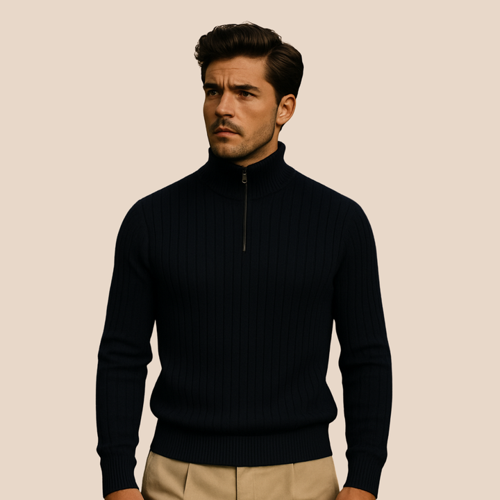 Men's elegant ribbed half-zip sweater. Stand collar, long sleeve. Perfect for a sophisticated layered look.