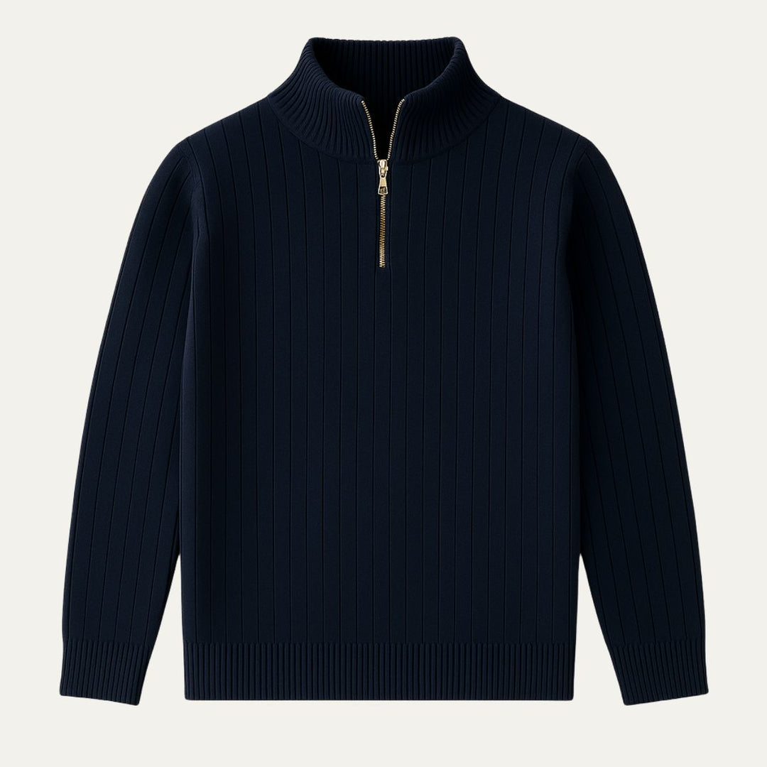 Stylish men's half-zip pullover. Ribbed knit, long sleeve, stand collar. Perfect for a warm layered look.