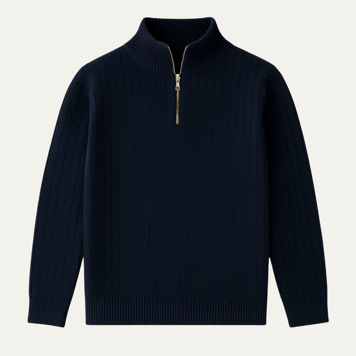 Stylish men's half-zip pullover. Ribbed knit, long sleeve, stand collar. Perfect for a warm layered look.