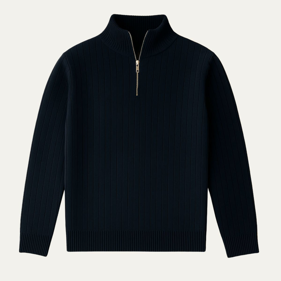 Cozy men's ribbed knit half-zip sweater with stand collar. Long sleeve pullover for comfortable winter wear.