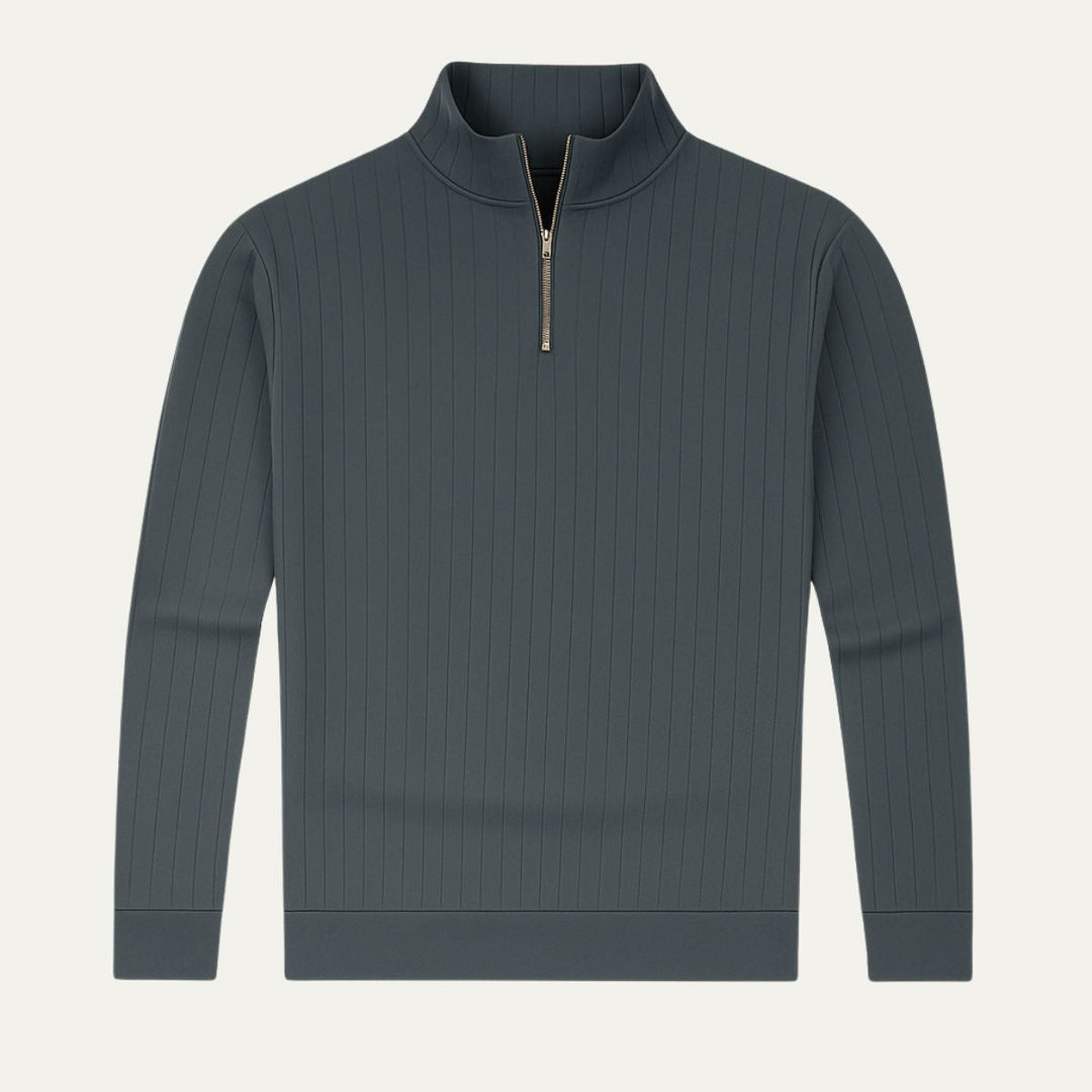 Warm men's half-zip sweater. Ribbed texture, stand collar. Essential long sleeve pullover for cold weather style.