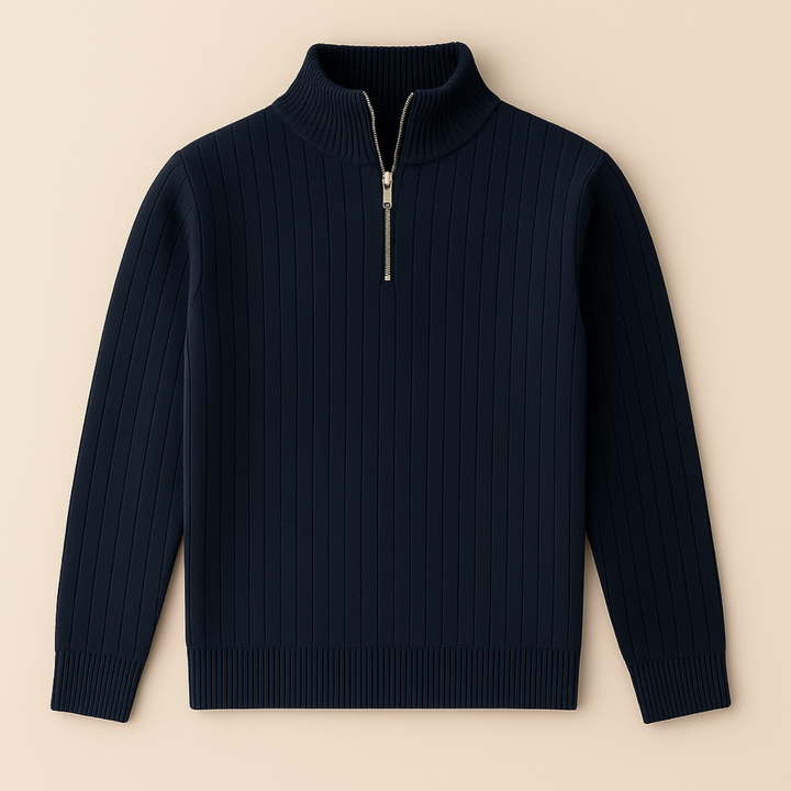 Casual men's ribbed knit half-zip sweater. Stand collar pullover for everyday men's fashion and comfort.