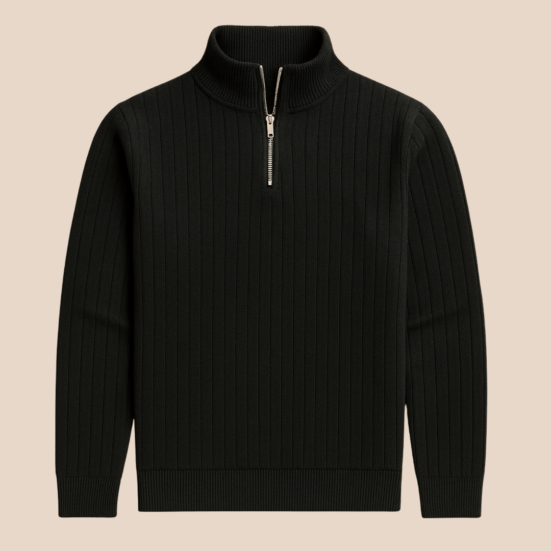 Close-up of men's ribbed knit half-zip sweater. Stand collar detail, long sleeve. A versatile winter piece.