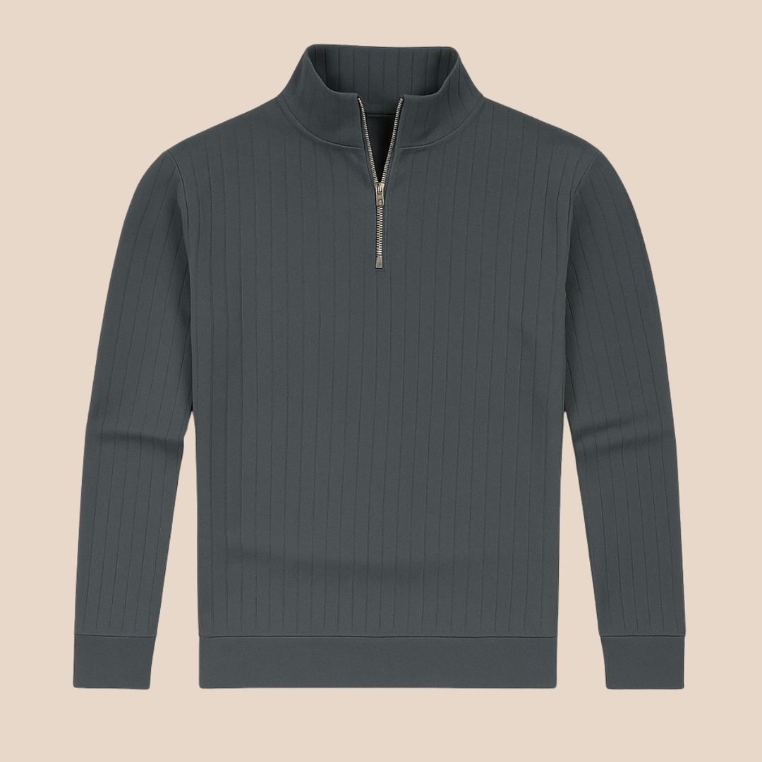 Men's cozy ribbed half-zip sweater with a stand collar. Stylish long sleeve pullover for ultimate warmth.