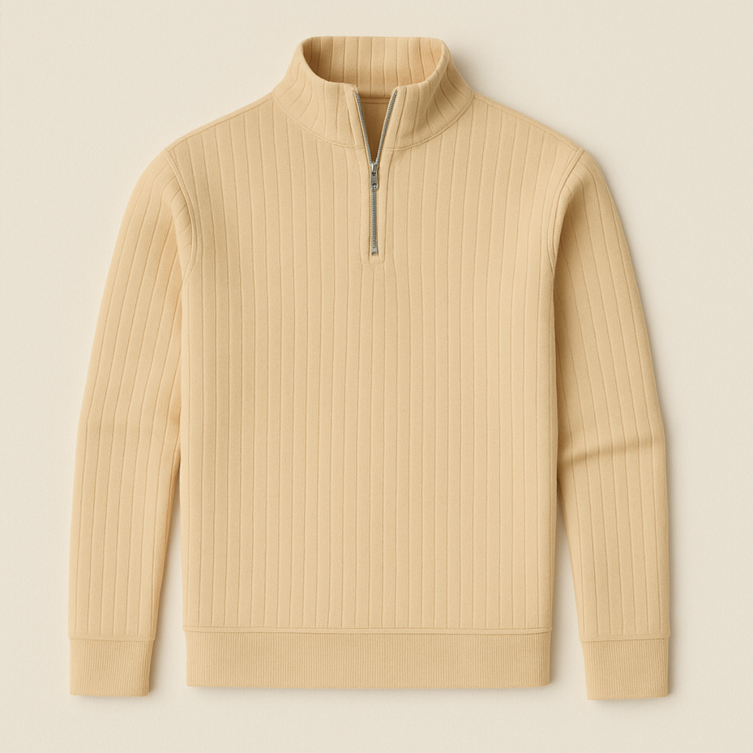Trendy men's half-zip sweater. Ribbed knit, stand collar. Versatile long sleeve pullover for winter outfits.