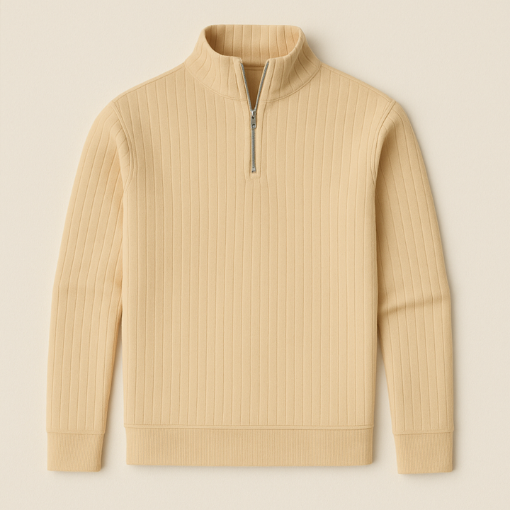 Trendy men's half-zip sweater. Ribbed knit, stand collar. Versatile long sleeve pullover for winter outfits.