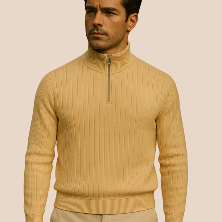 Comfortable men's half-zip sweater. Ribbed knit, stand collar. Long sleeve pullover for cozy men's style.