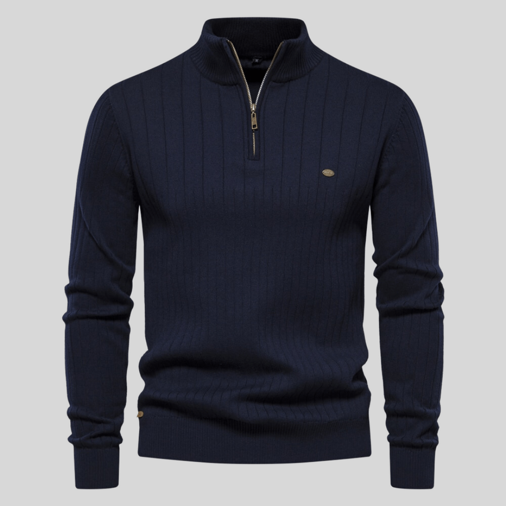 Men's ribbed mock neck half zip sweater, ideal for versatile fall & winter fashion. A stylish long sleeve pullover.