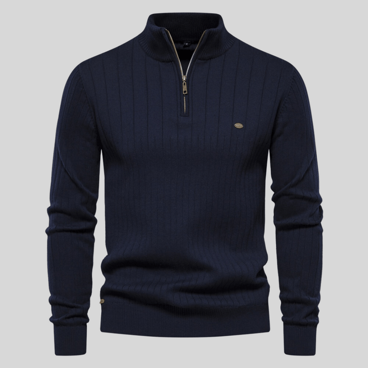 Men's ribbed mock neck half zip sweater, ideal for versatile fall & winter fashion. A stylish long sleeve pullover.