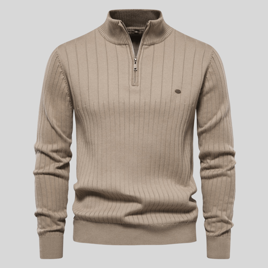 Stylish men's fall/winter ribbed mock neck half zip sweater. Long sleeve pullover for warmth & modern fashion.