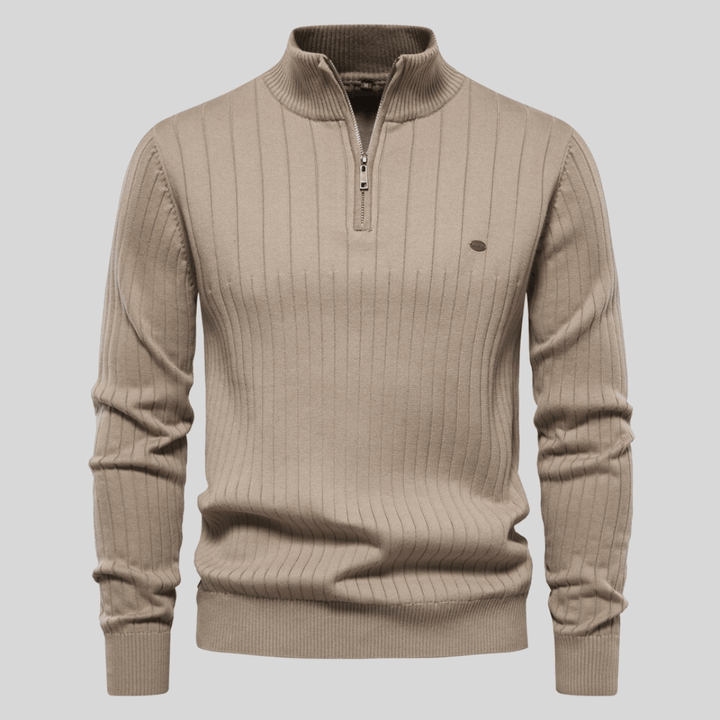 Stylish men's fall/winter ribbed mock neck half zip sweater. Long sleeve pullover for warmth & modern fashion.