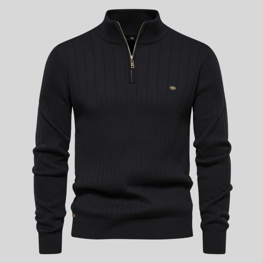 Man in a sophisticated ribbed mock neck half zip sweater, showcasing a modern, versatile men's fashion look.