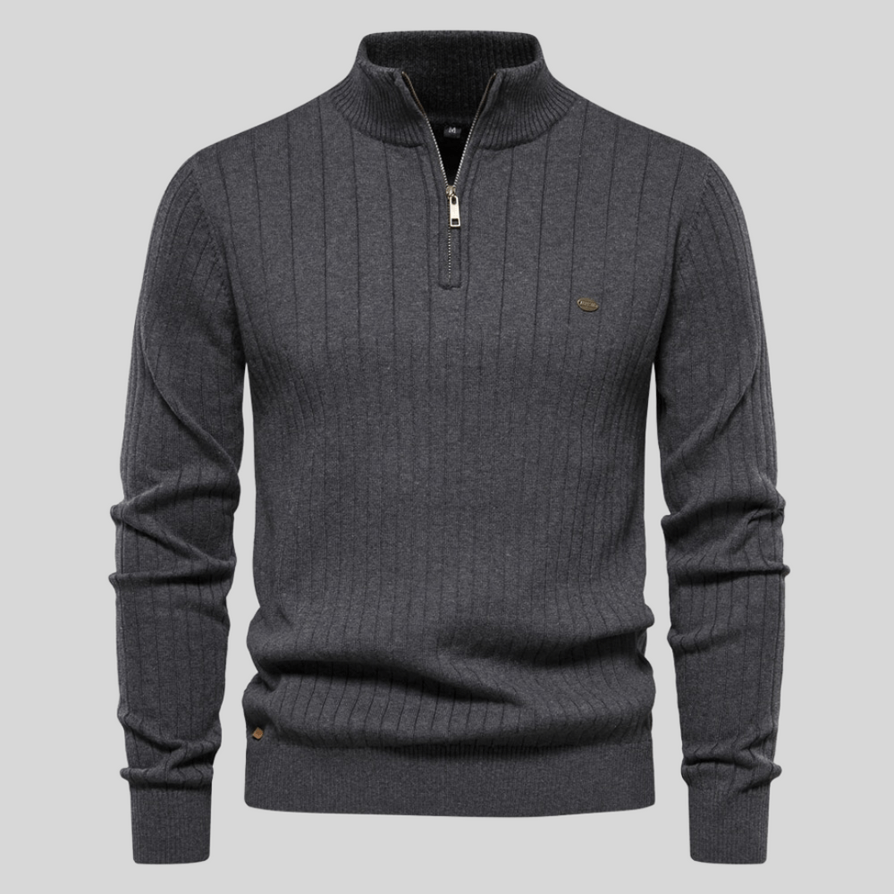 Men's long sleeve ribbed mock neck half zip sweater. A sophisticated and versatile pullover for any occasion.