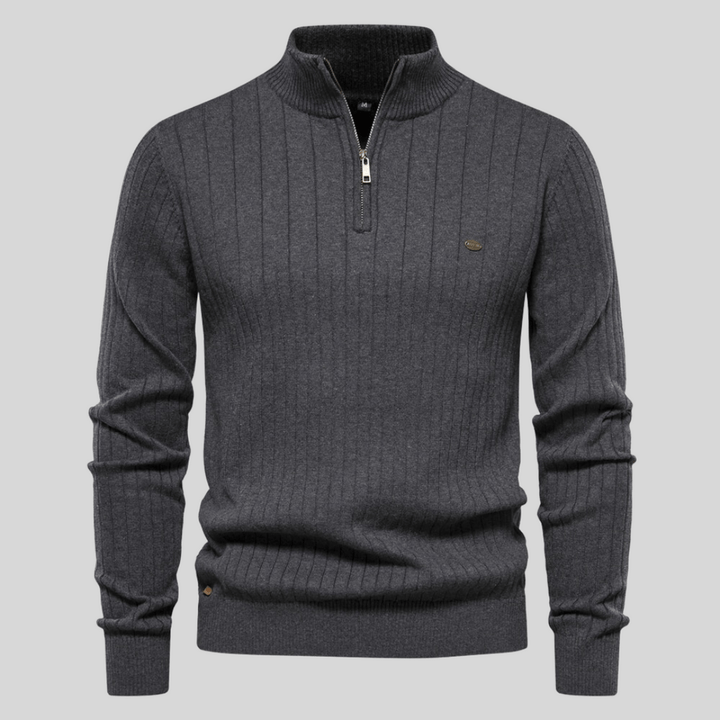 Men's long sleeve ribbed mock neck half zip sweater. A sophisticated and versatile pullover for any occasion.