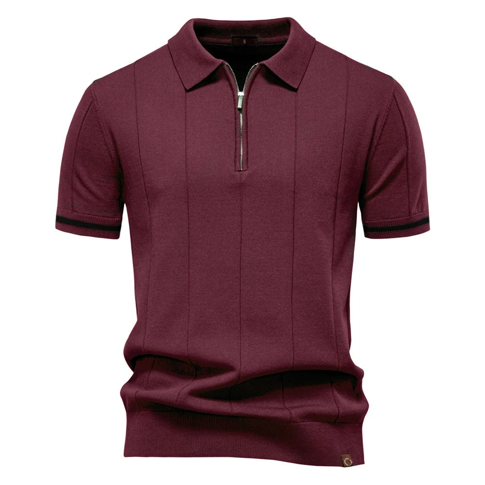 Versatile men's short sleeve ribbed zip-neck polo. Great for office wear, smart casual, and everyday fashion.