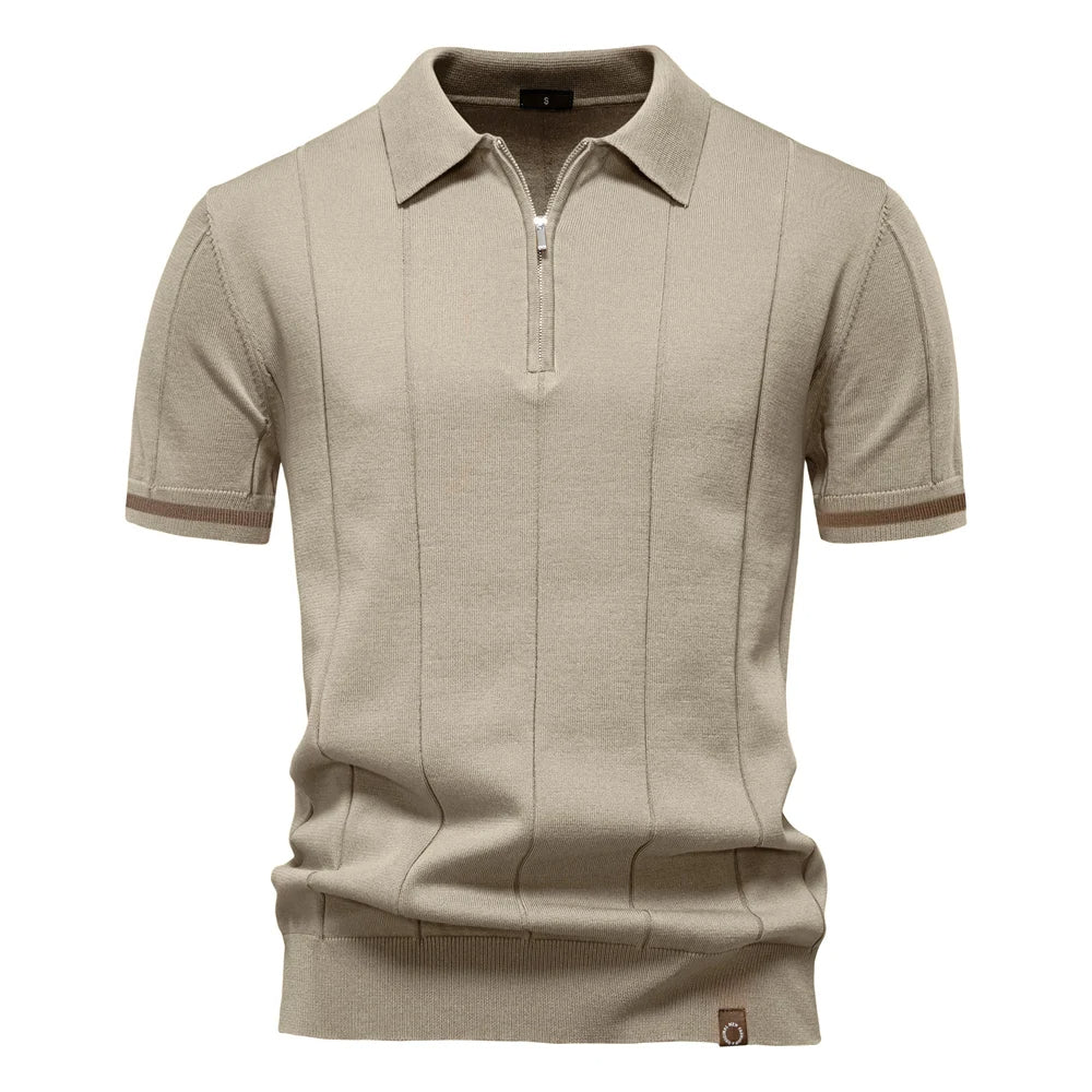 Athletic fit men's ribbed zip-neck polo shirt, short sleeve. Stylish and comfortable for smart-casual looks.