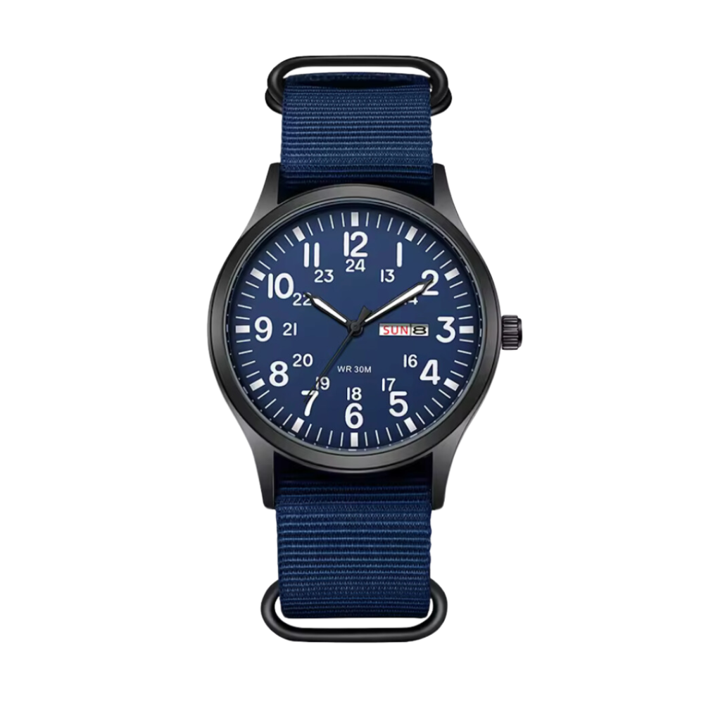 Tactical men's quartz field watch, water resistant with a clear luminous dial for ultimate outdoor durability.