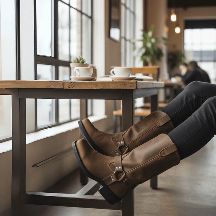 Stylish men's harness boots, premium black leather, rugged design, all-weather slip-resistant sole.