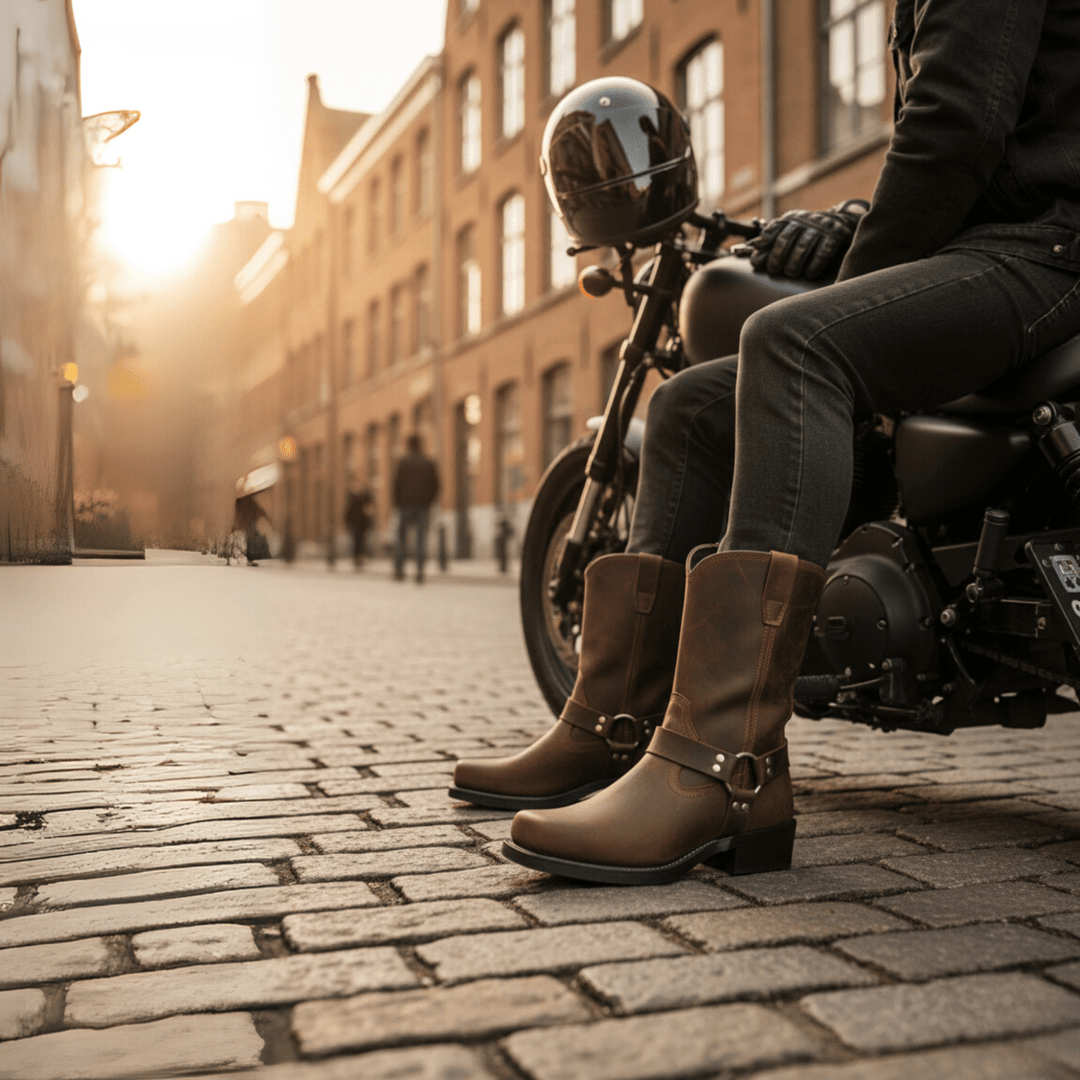 Classic men's rugged harness boots, durable leather construction, all-weather grip for ultimate traction.