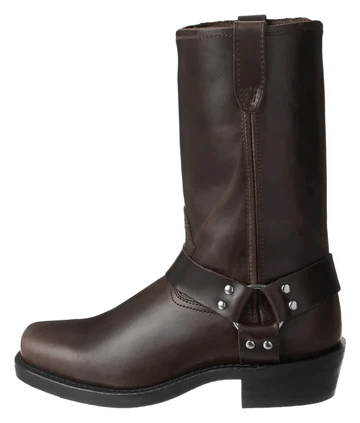 Slip-on men's harness boots, black leather, rugged style, all-weather grip for versatile outdoor durability.