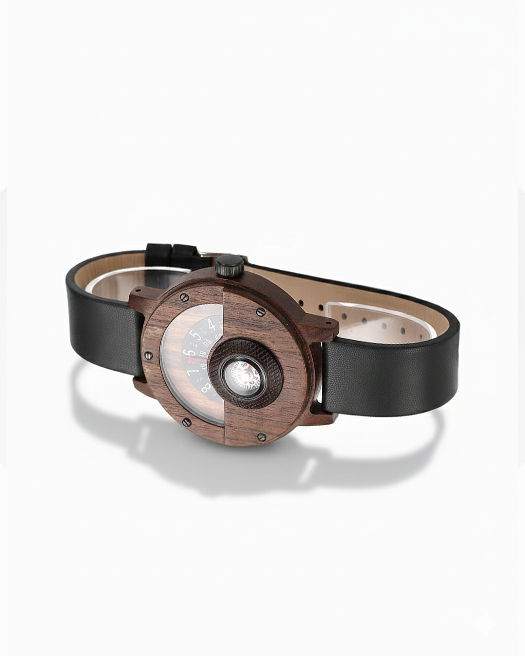 Men's Rugged Wood & Leather Compass Watch, a unique quartz timepiece for outdoor adventurers.