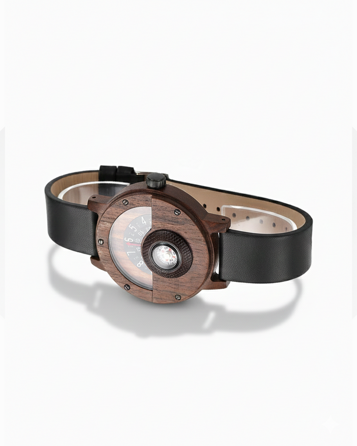 Men's Rugged Wood & Leather Compass Watch, a unique quartz timepiece for outdoor adventurers.